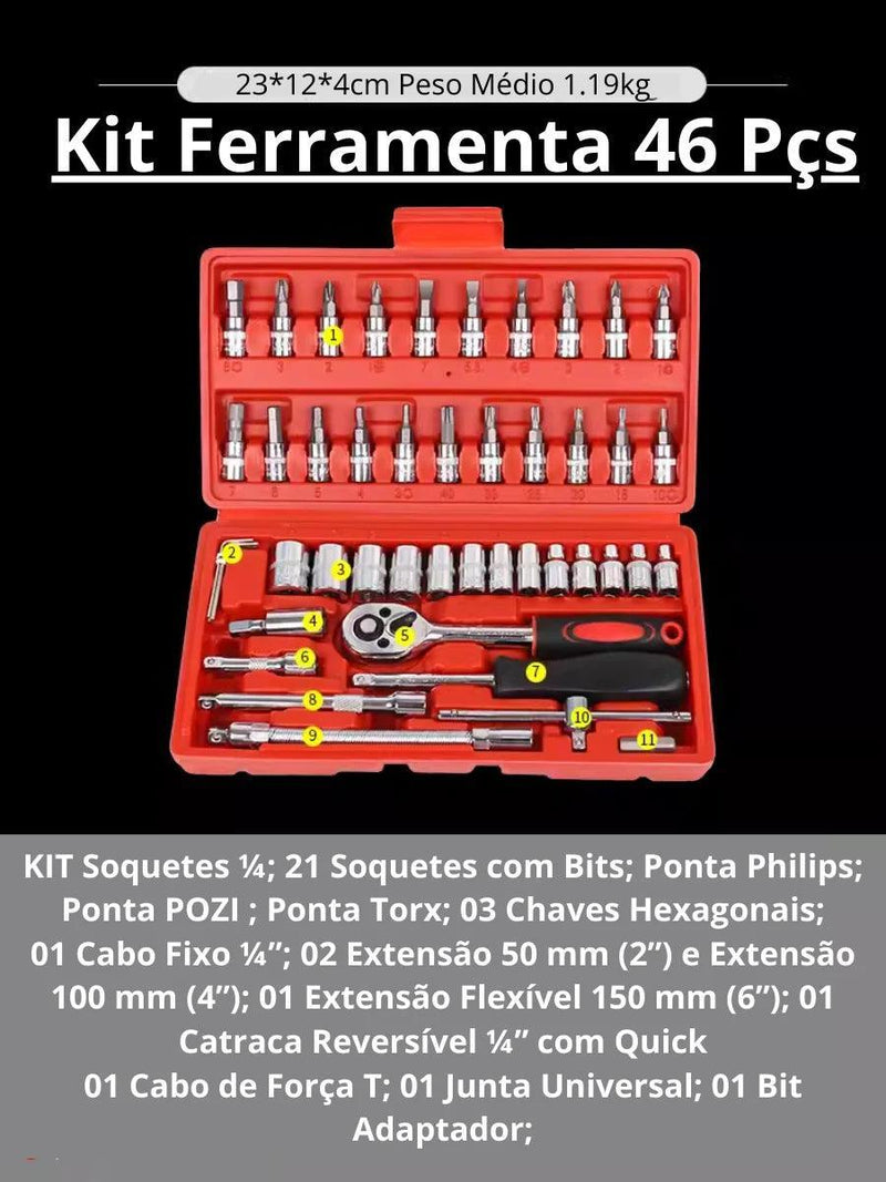 Caixa de Ferramentas 46 Peças Soquetes Chaves Hexagonais Encaixes - BrazilStory
