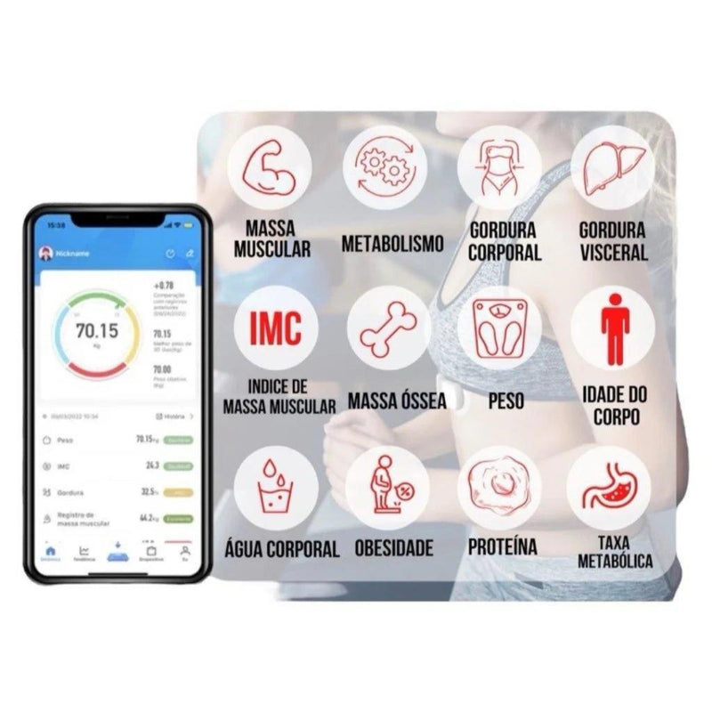 Balança Digital de Bioimpedância Bluetooth Profissional IMC - BrazilStory