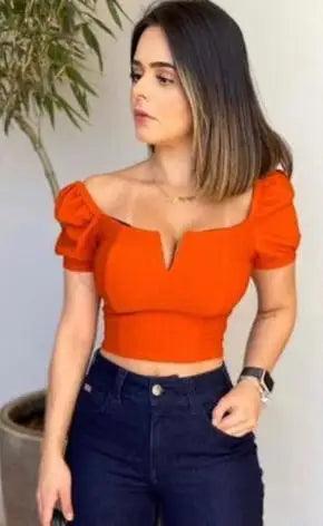 Blusa cropped feminino manga curta princesa decote V - BrazilStory