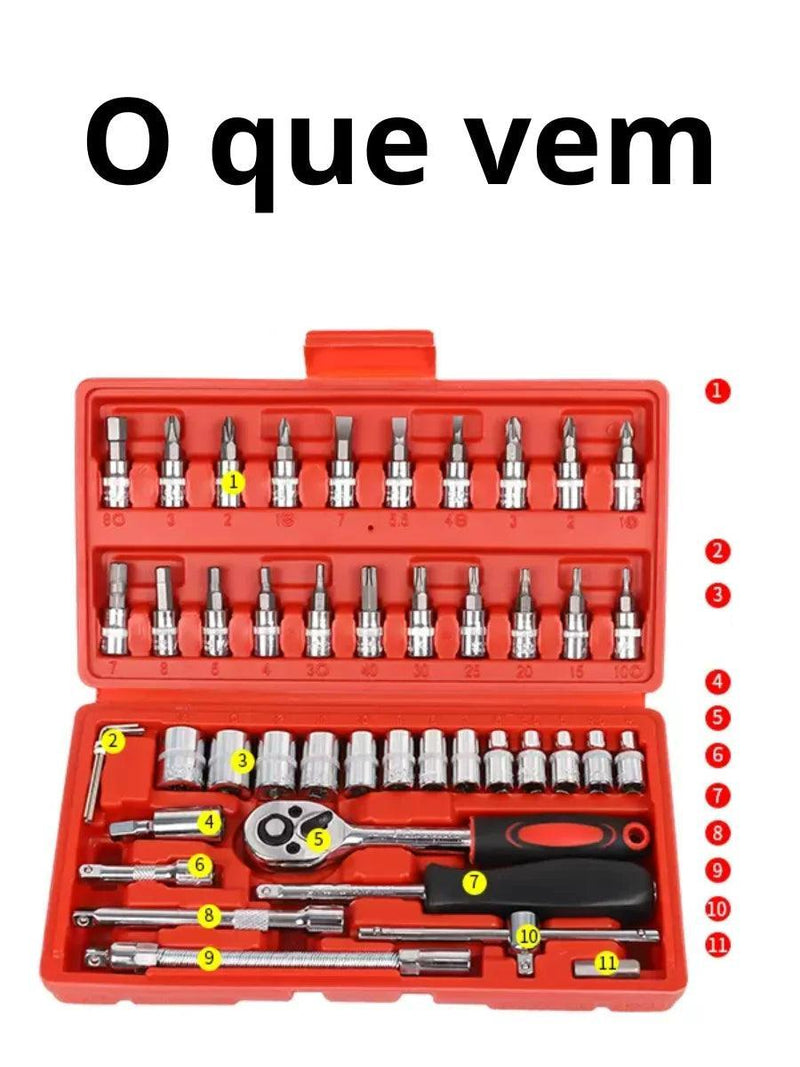 Caixa de Ferramentas 46 Peças Soquetes Chaves Hexagonais Encaixes - BrazilStory