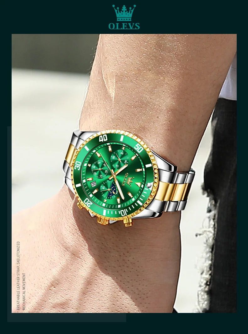 Relógios OLEVS Masculinos Top Marca Relógio de Luxo para Homens Original À Prova D'Água Aço Inoxidável Cronógrafo Fase da Lua Data Rota Dial