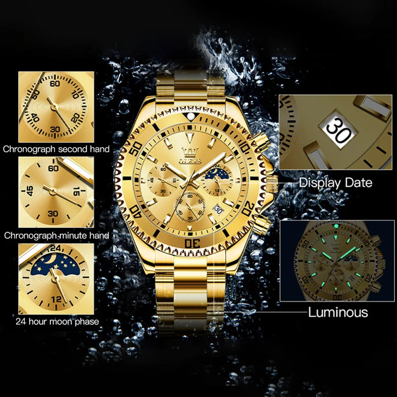 Relógios OLEVS Masculinos Top Marca Relógio de Luxo para Homens Original À Prova D'Água Aço Inoxidável Cronógrafo Fase da Lua Data Rota Dial