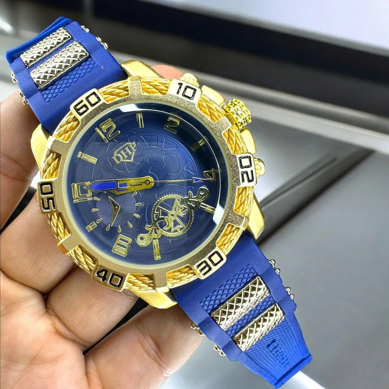 Relógio Masculino Metal Dourado Pulseira de Borracha á Prova D'Água Azul