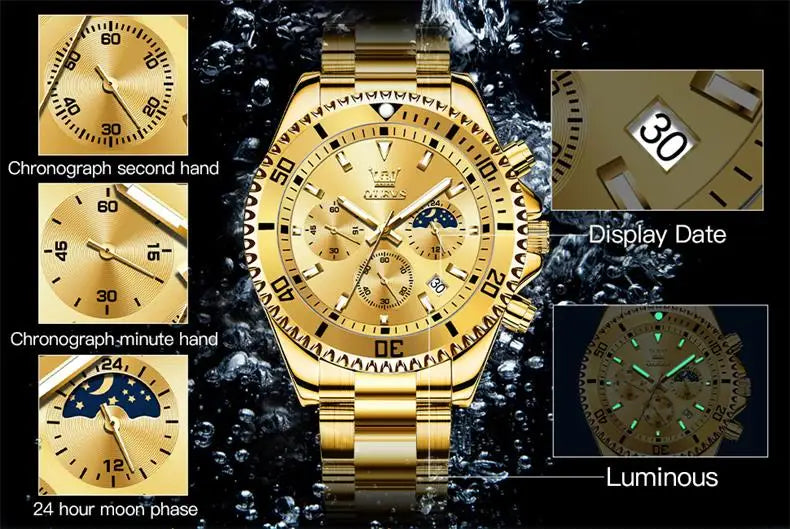 Relógios OLEVS Masculinos Top Marca Relógio de Luxo para Homens Original À Prova D'Água Aço Inoxidável Cronógrafo Fase da Lua Data Rota Dial