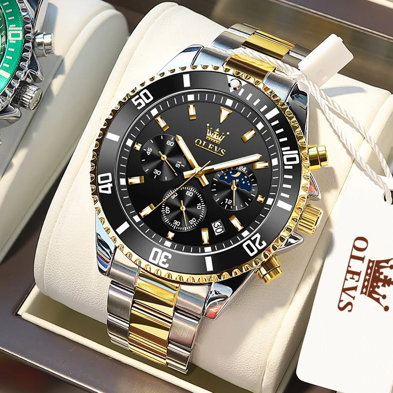 Relógios OLEVS Masculinos Top Marca Relógio de Luxo para Homens Original À Prova D'Água Aço Inoxidável Cronógrafo Fase da Lua Data Rota Dial