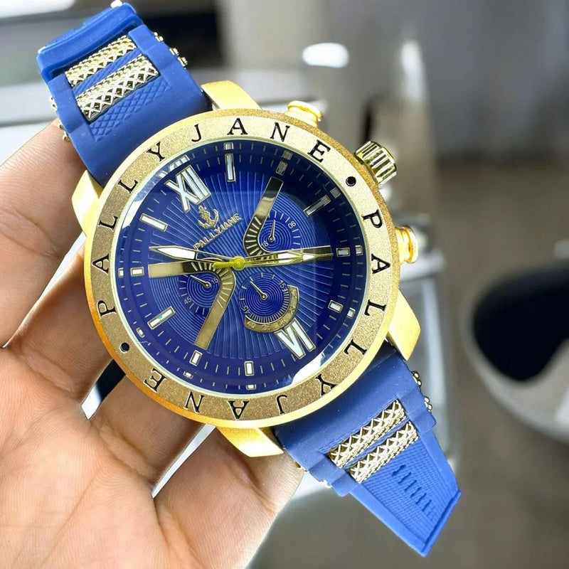 Relógio Masculino Metal Dourado Pulseira de Borracha á Prova D'Água Azul