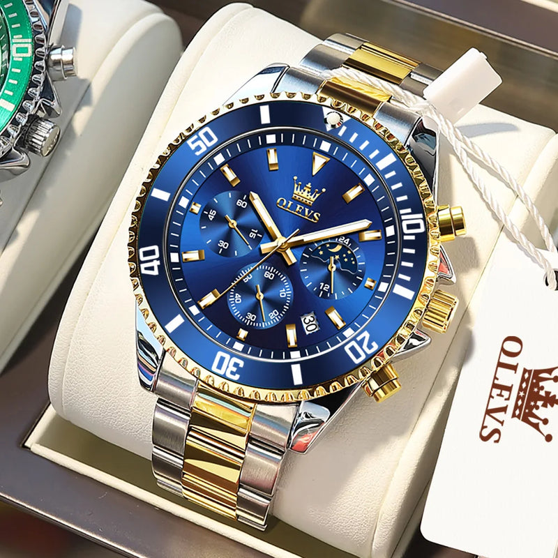 Relógios OLEVS Masculinos Top Marca Relógio de Luxo para Homens Original À Prova D'Água Aço Inoxidável Cronógrafo Fase da Lua Data Rota Dial