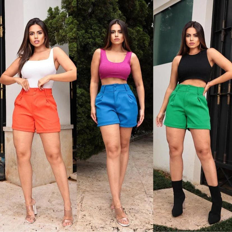 Shorts alfaiataria feminino de poliéster com botões - BrazilStory