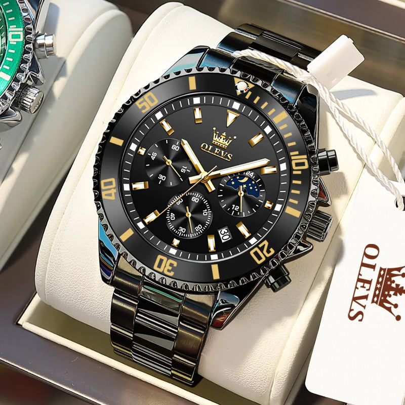 Relógios OLEVS Masculinos Top Marca Relógio de Luxo para Homens Original À Prova D'Água Aço Inoxidável Cronógrafo Fase da Lua Data Rota Dial