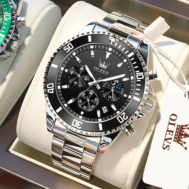 Relógios OLEVS Masculinos Top Marca Relógio de Luxo para Homens Original À Prova D'Água Aço Inoxidável Cronógrafo Fase da Lua Data Rota Dial