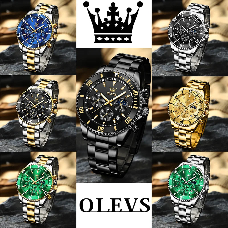 Relógios OLEVS Masculinos Top Marca Relógio de Luxo para Homens Original À Prova D'Água Aço Inoxidável Cronógrafo Fase da Lua Data Rota Dial