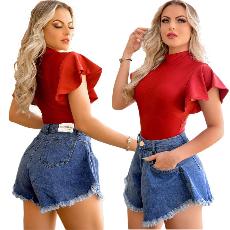 Kit 2 Short Jeans Feminino, Cintura Alta Com Bolso - BrazilStory