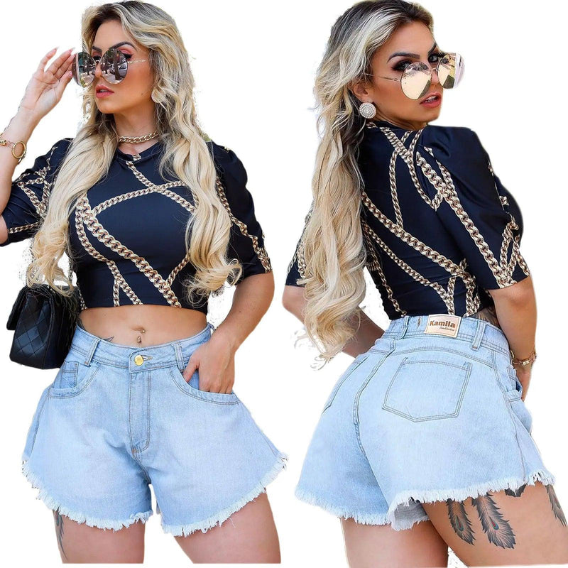 Kit 2 Short Jeans Feminino, Cintura Alta Com Bolso - BrazilStory