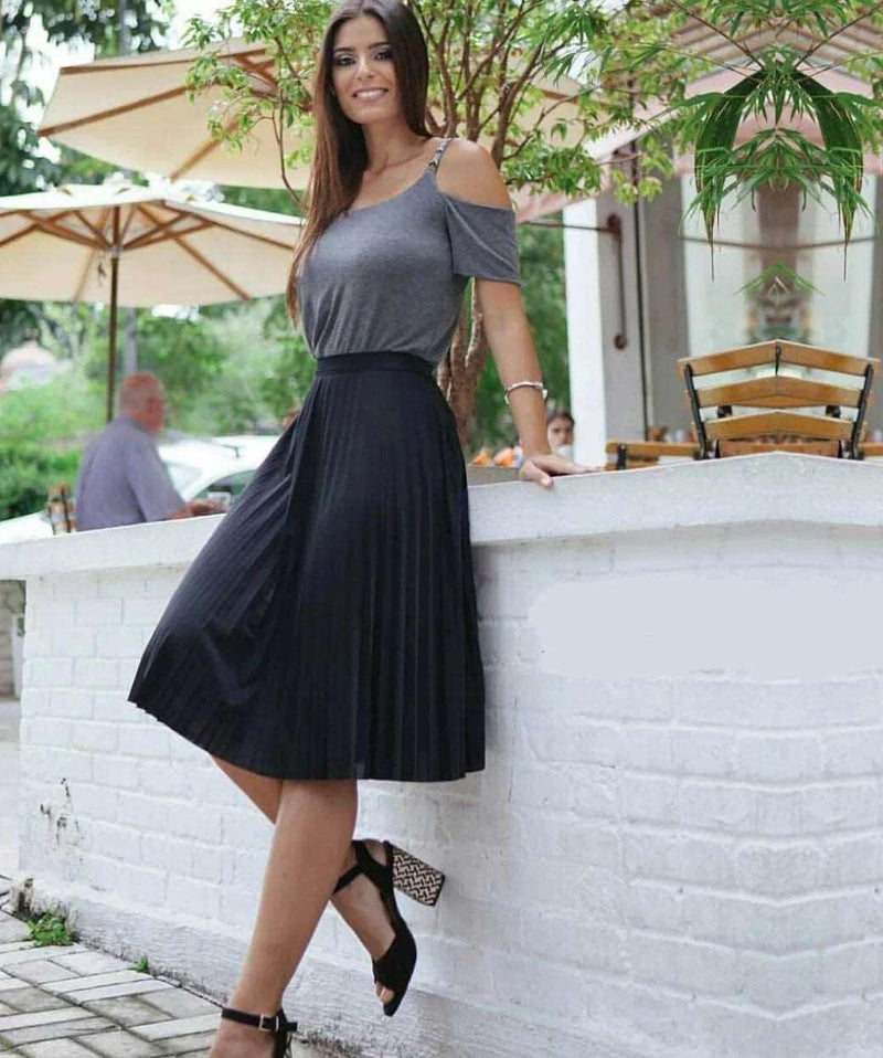 Saia Midi Plissada em Malha Crepe Moda Evangélica Feminina - com Forro - Helanca Light - BrazilStory