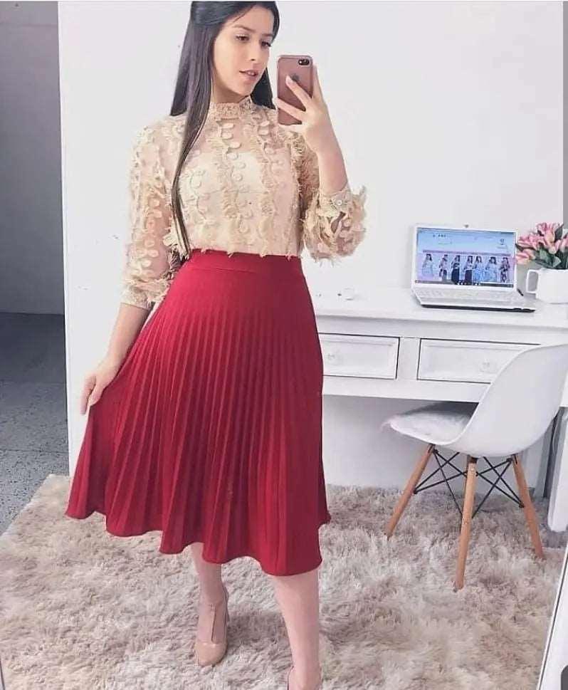 Saia Midi Plissada em Malha Crepe Moda Evangélica Feminina - com Forro - Helanca Light - BrazilStory